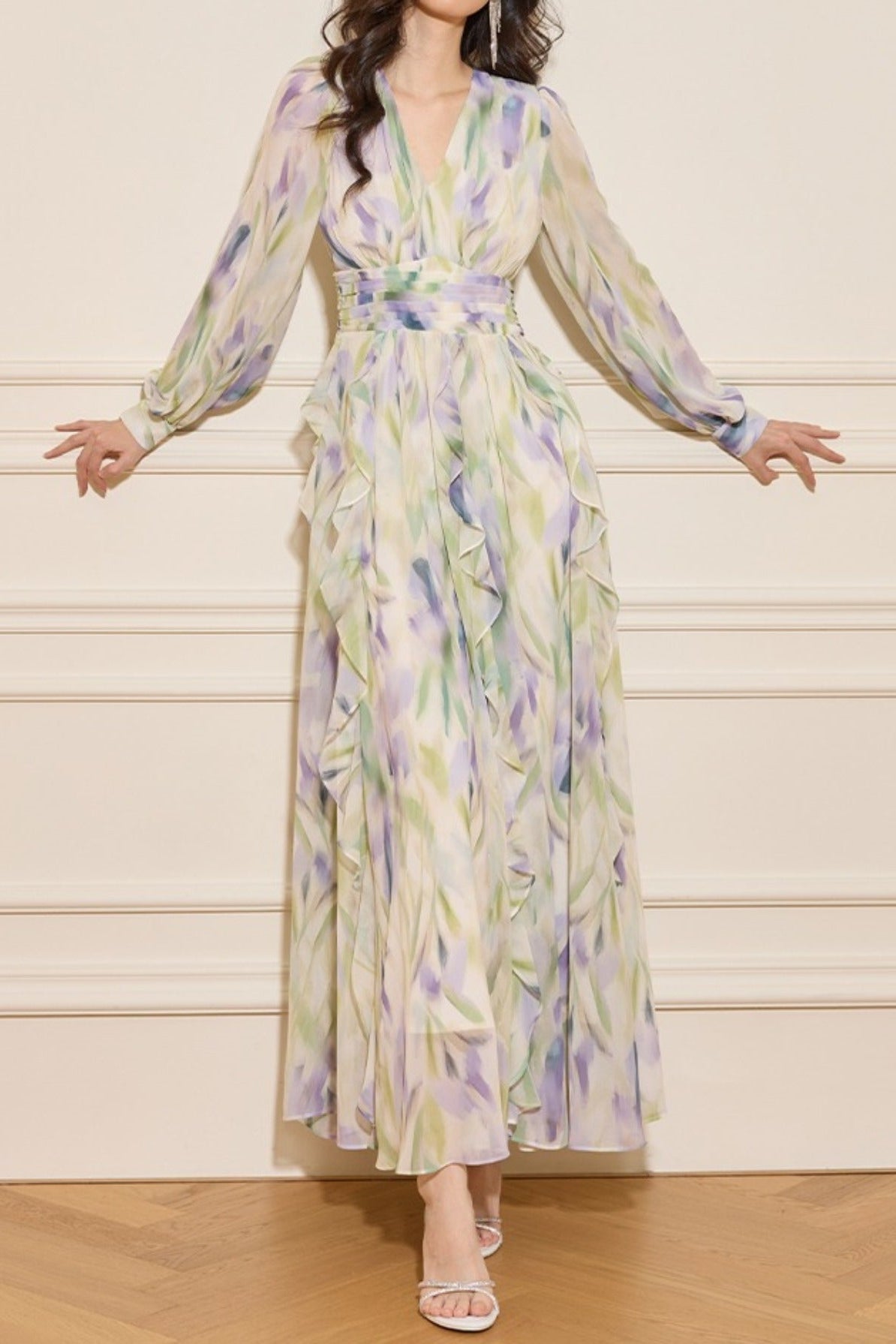 Flowering Girl Women Rachel Multicolor v-Neck Floral Print Lantern Sleeve Maxi Dress