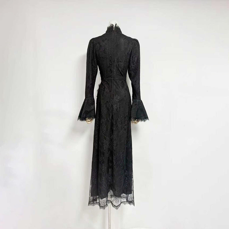 victoria Long lantern sleevelace-trim maxi dress - black