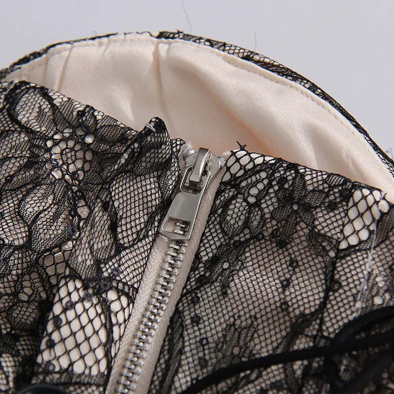 Flowering Girl Women Strapless Black Lace Corset Ruffle Tulle Mini Dress