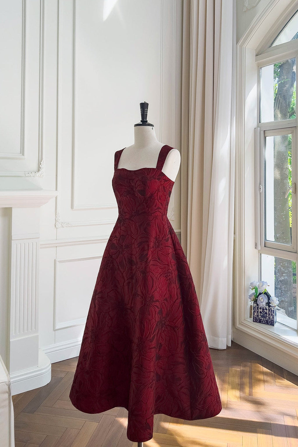 Burgundy Jacquard Camisole Midi Dress