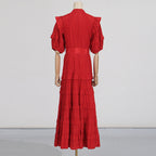 Flowering Girl Women Lace ruffle trim layer midi dress in red
