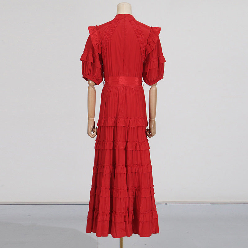 Flowering Girl Women Lace ruffle trim layer midi dress in red