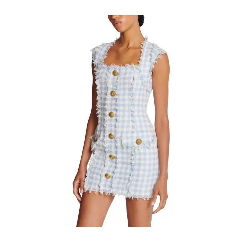 Flowering Girl Women Blue White Gingham Mini dress