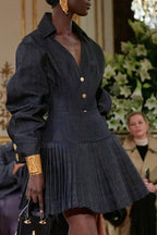 Florence Single-Breasted Top Pleated Skirt In Navy Blue