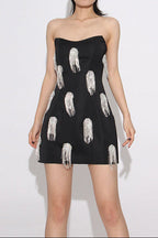 Flowering Girl Women Flor Sleeveless Diamond Tassels Mini Dress in black