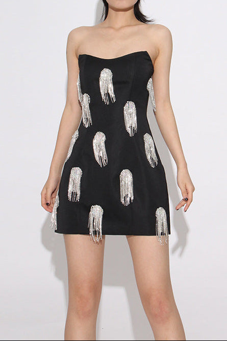 Flowering Girl Women Flor Sleeveless Diamond Tassels Mini Dress in black