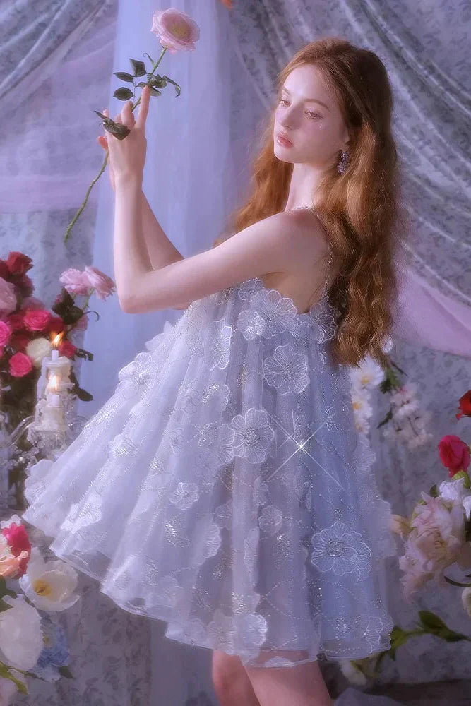 Tutu Light Blue Sleeveless Flower Diamond Short Doll Dress
