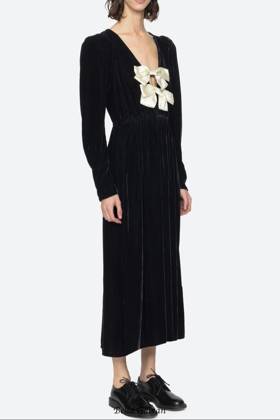 wallis black v-neck bow cutout velvet midi dress