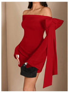 Flowering Girl Women red Off-the-Shoulder Flared Sleeve Mini Dress