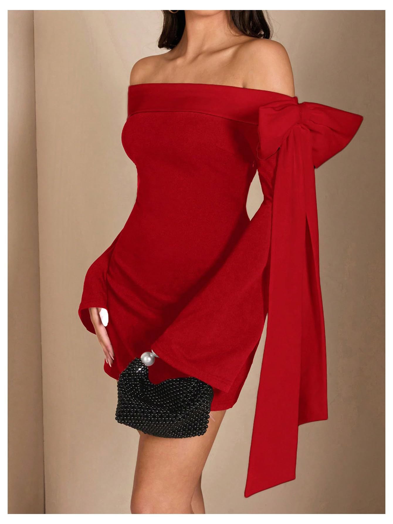 Flowering Girl Women red Off-the-Shoulder Flared Sleeve Mini Dress