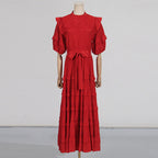 Flowering Girl Women Lace ruffle trim layer midi dress in red