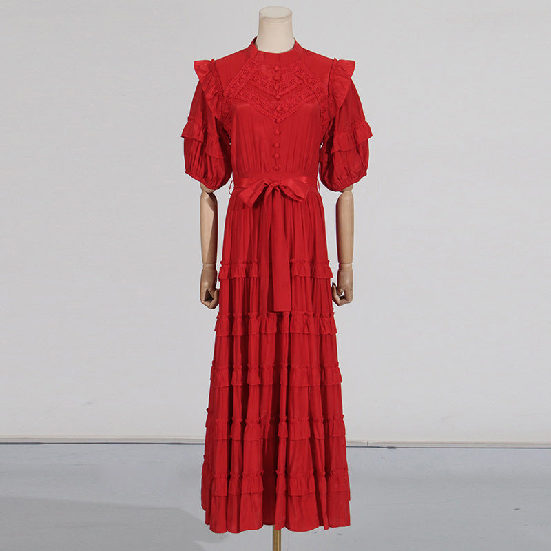 Flowering Girl Women Lace ruffle trim layer midi dress in red