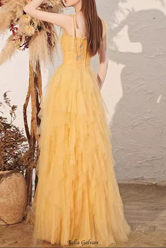 victoria rhinestone embellished tulle maxi dress - yellow