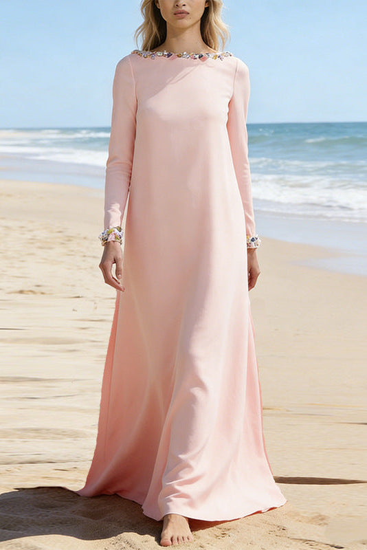 Flowering Girl Women blush pink long sleeve kaftan-style maxi dress