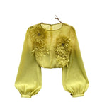 3D floral puff sleeve tulle shirt