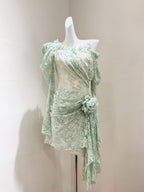 joanna 3d flower Lace hollow Asymmetrical mini Dress in green