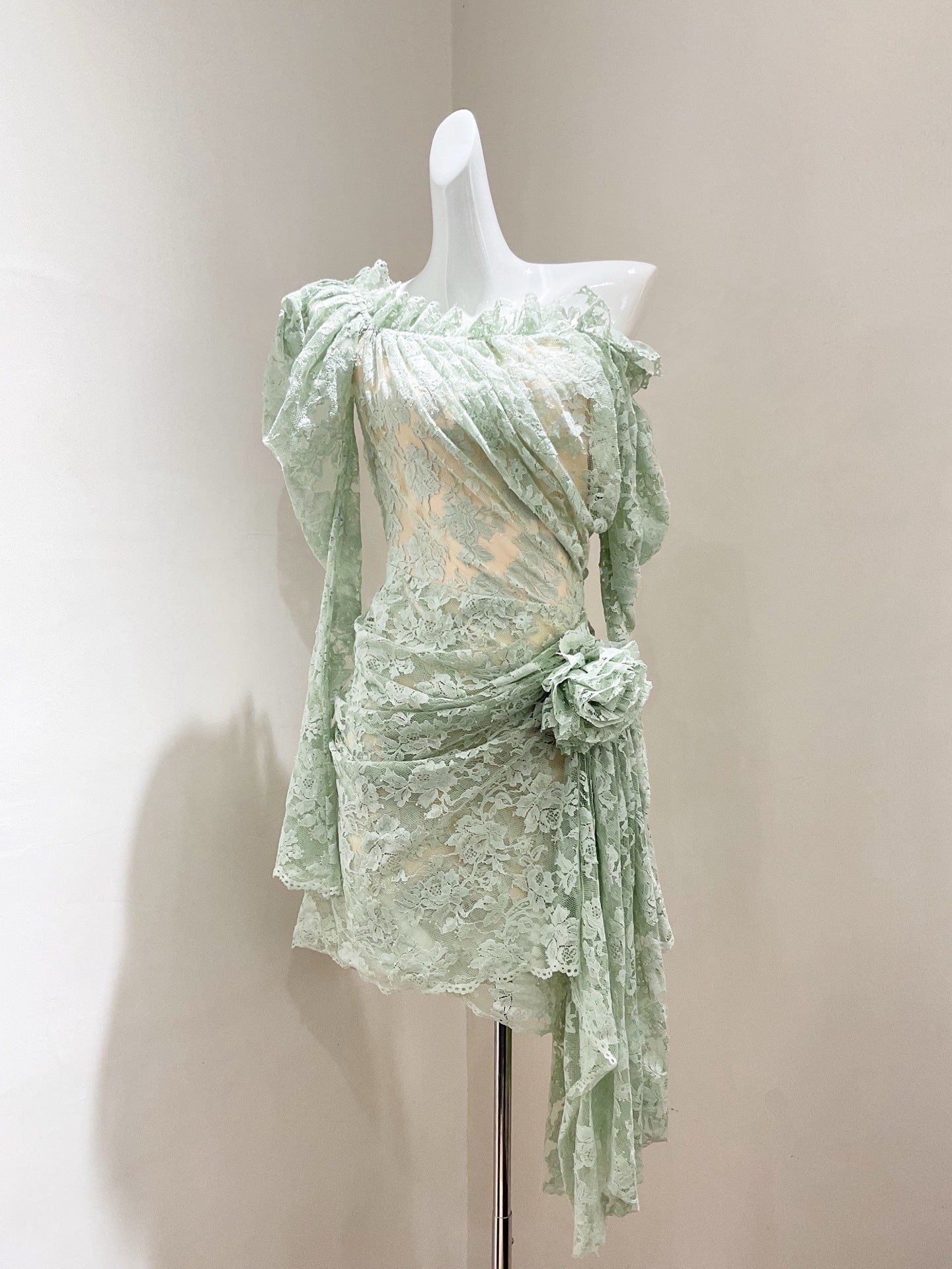 joanna 3d flower Lace hollow Asymmetrical mini Dress in green