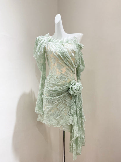 joanna 3d flower Lace hollow Asymmetrical mini Dress in green