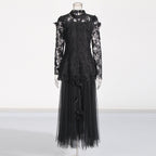 yvette black Long Sleeve Folds Lace Butterfly Top And Skirt Two-Piece Set