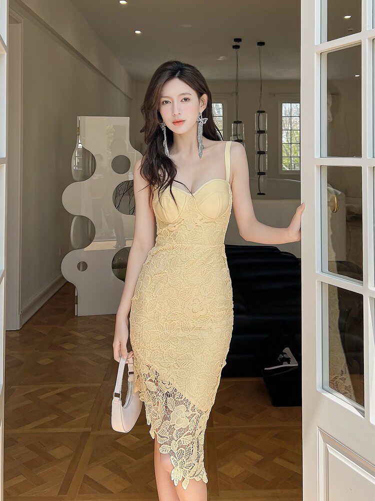 Dolores Openwork Lace Strappy Asymmetrical Midi Dress- Yellow