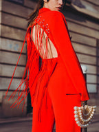 Flowering Girl Women Vienna Cutout Fringe Backless Blazer In Red