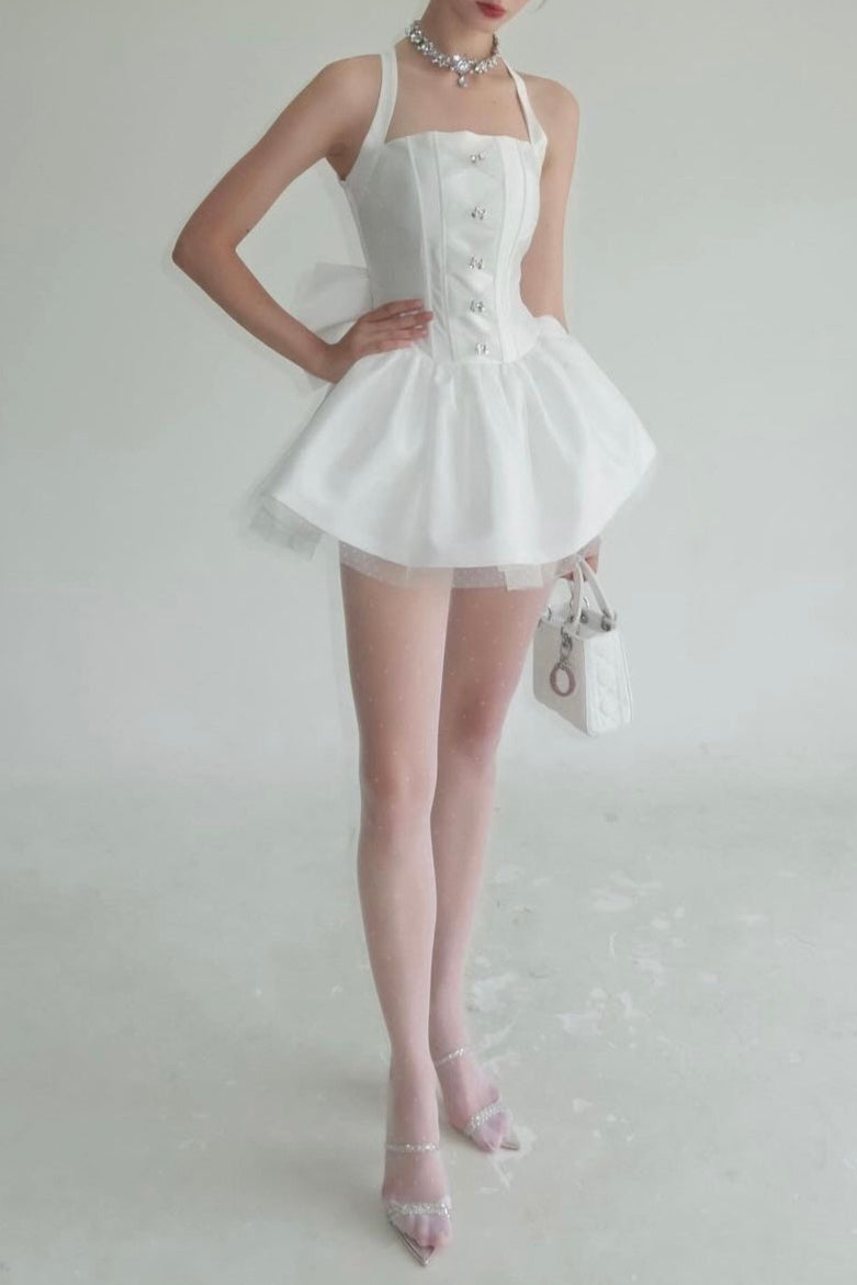 Flowering Girl Women Nora Off-Shoulder Backless Lace Bow Mini Dress In White