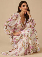 Victoria Multicolor v-Neck Floral Print Puff Sleeve Maxi Dress