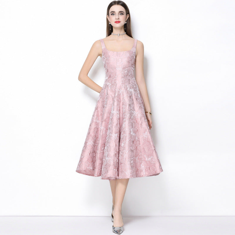 Beverly Vintage Jacquard Slip Midi Dress In Pink