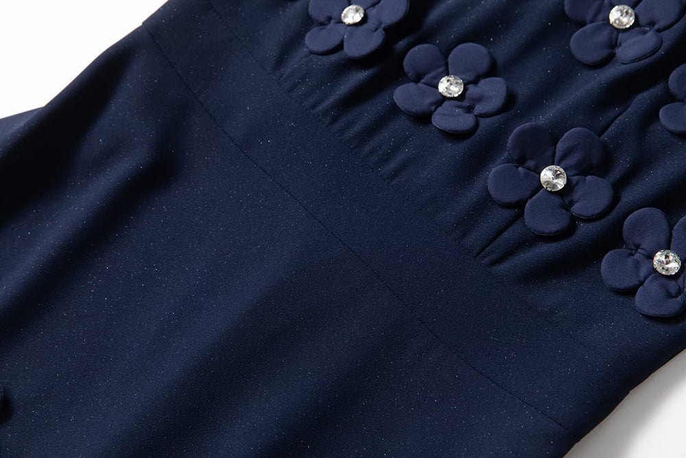 katherine 3d flower appliqué midi dress in navy blue