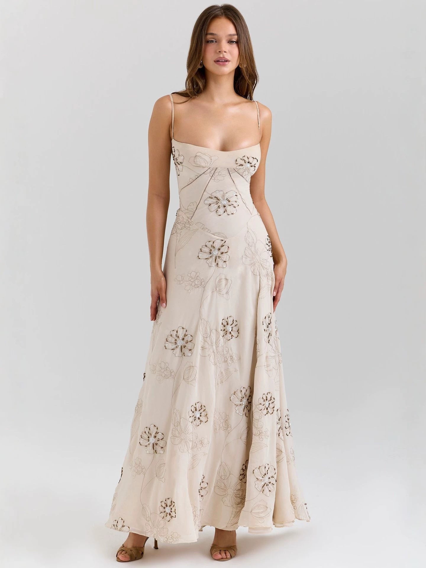Flowering Girl Women Vintage embroidered hollow slip maxi dress - white
