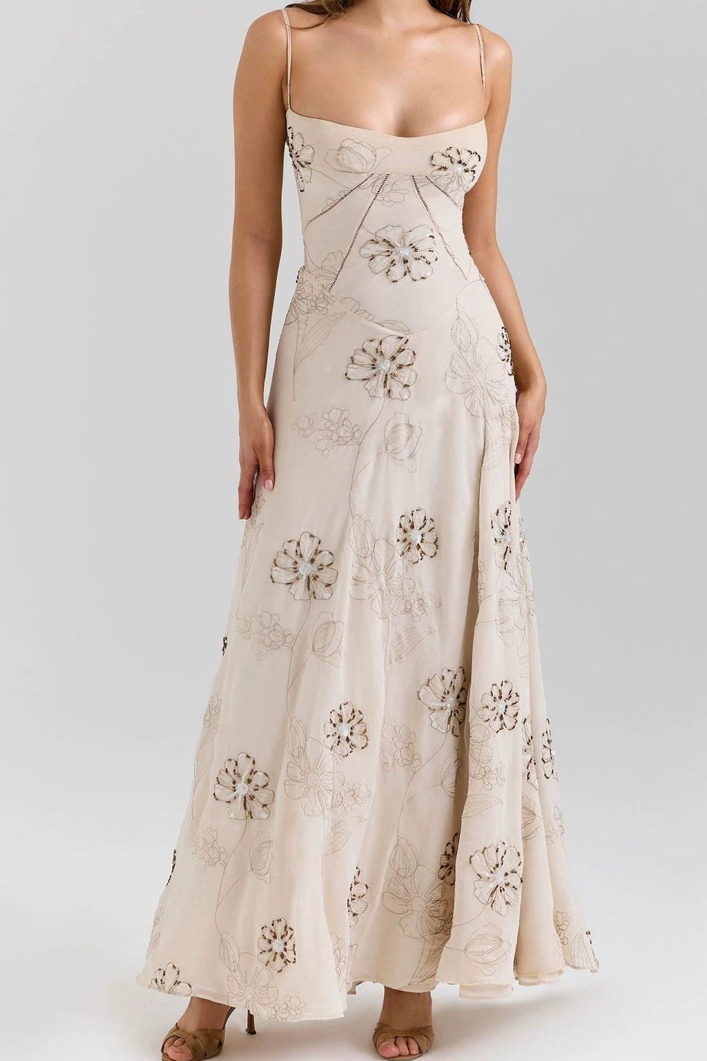 Beige Floral Beaded Spaghetti Strap Maxi Dress