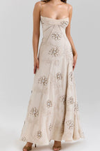 Beige Floral Beaded Spaghetti Strap Maxi Dress