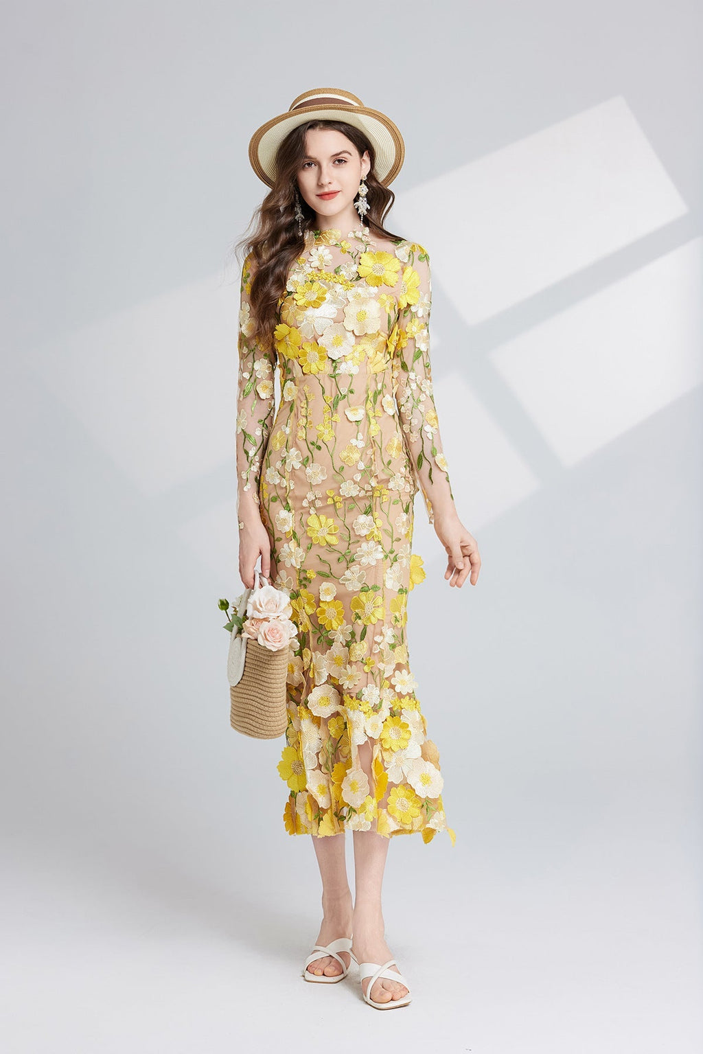 Flowering Girl Women CAROL YELLOW FLORAL EMBROIDERY MESH LONG SLEEVE MIDI DRESS