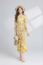Flowering Girl Women CAROL YELLOW FLORAL EMBROIDERY MESH LONG SLEEVE MIDI DRESS