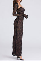 Flowering Girl Women black lace long sleeve cutout maxi dress