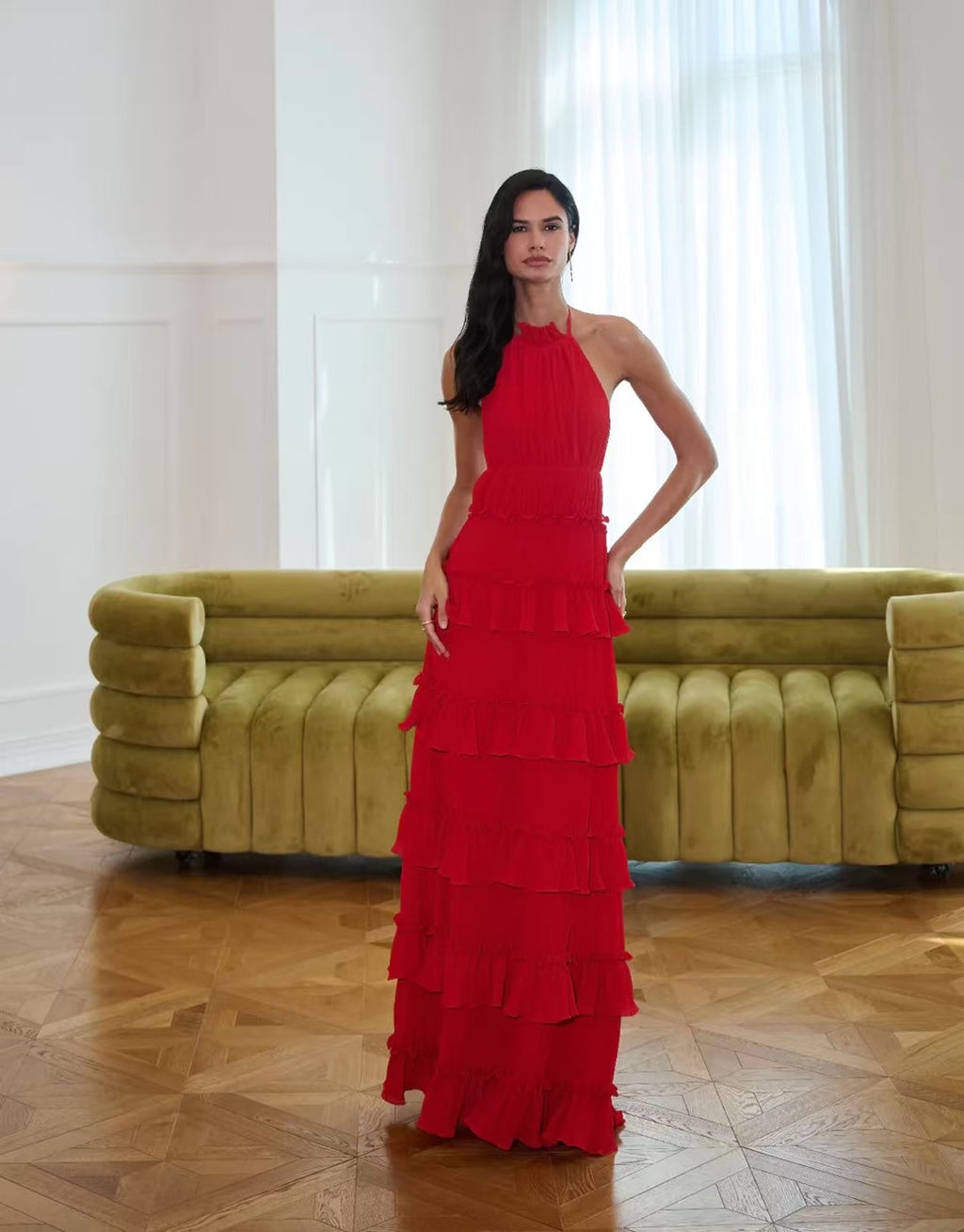 Flowering Girl Women lorraine ruffle trim layer halter maxi dress - red