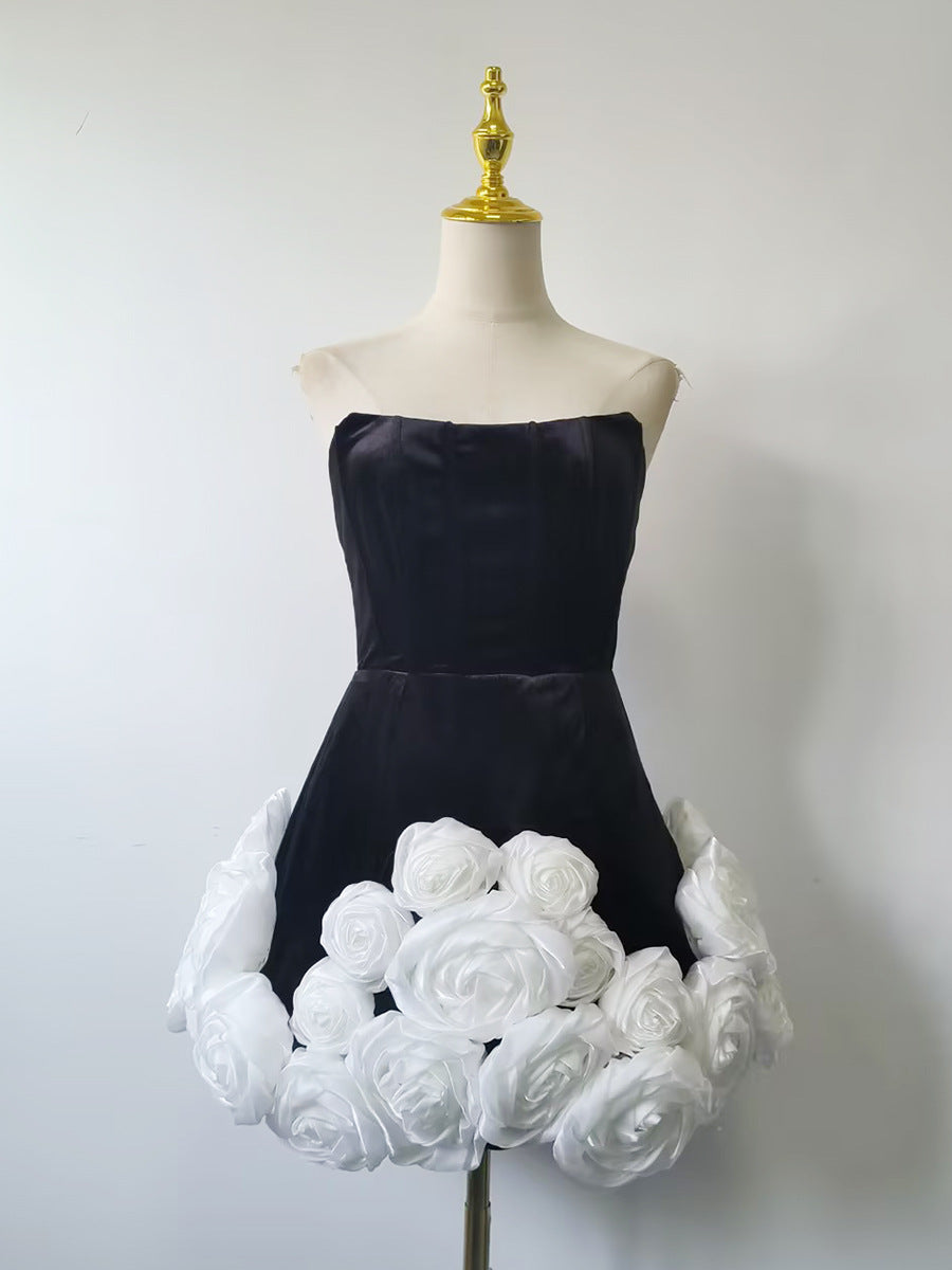 Flowering Girl Women flower-embellished-hem black strapless mini dress