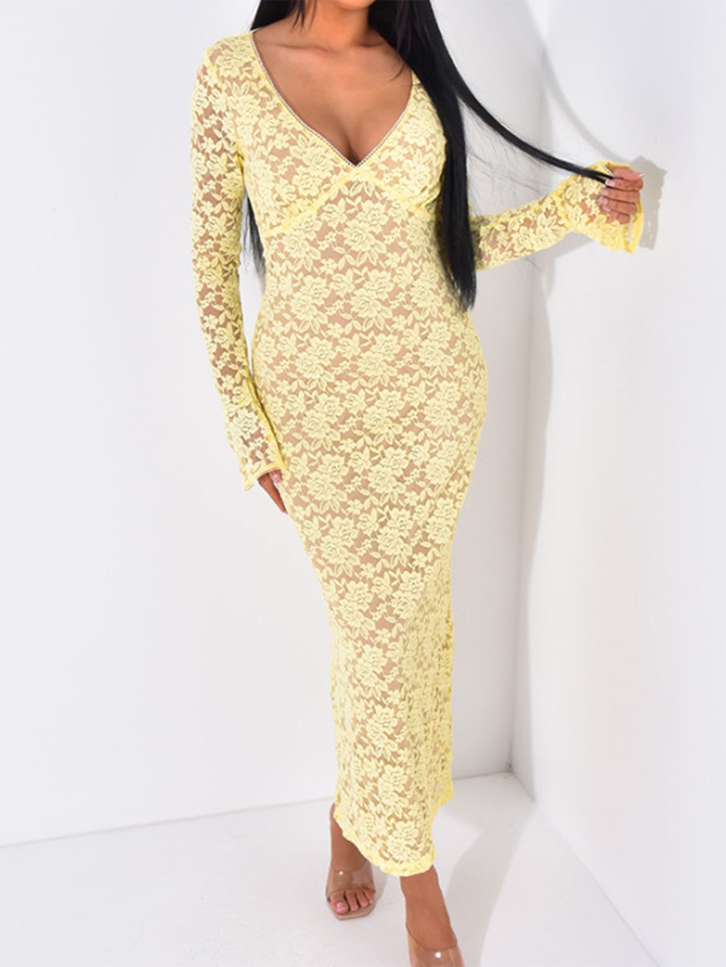 Flowering Girl Women yellow Lace Cutout Long Sleeve maxi Dress