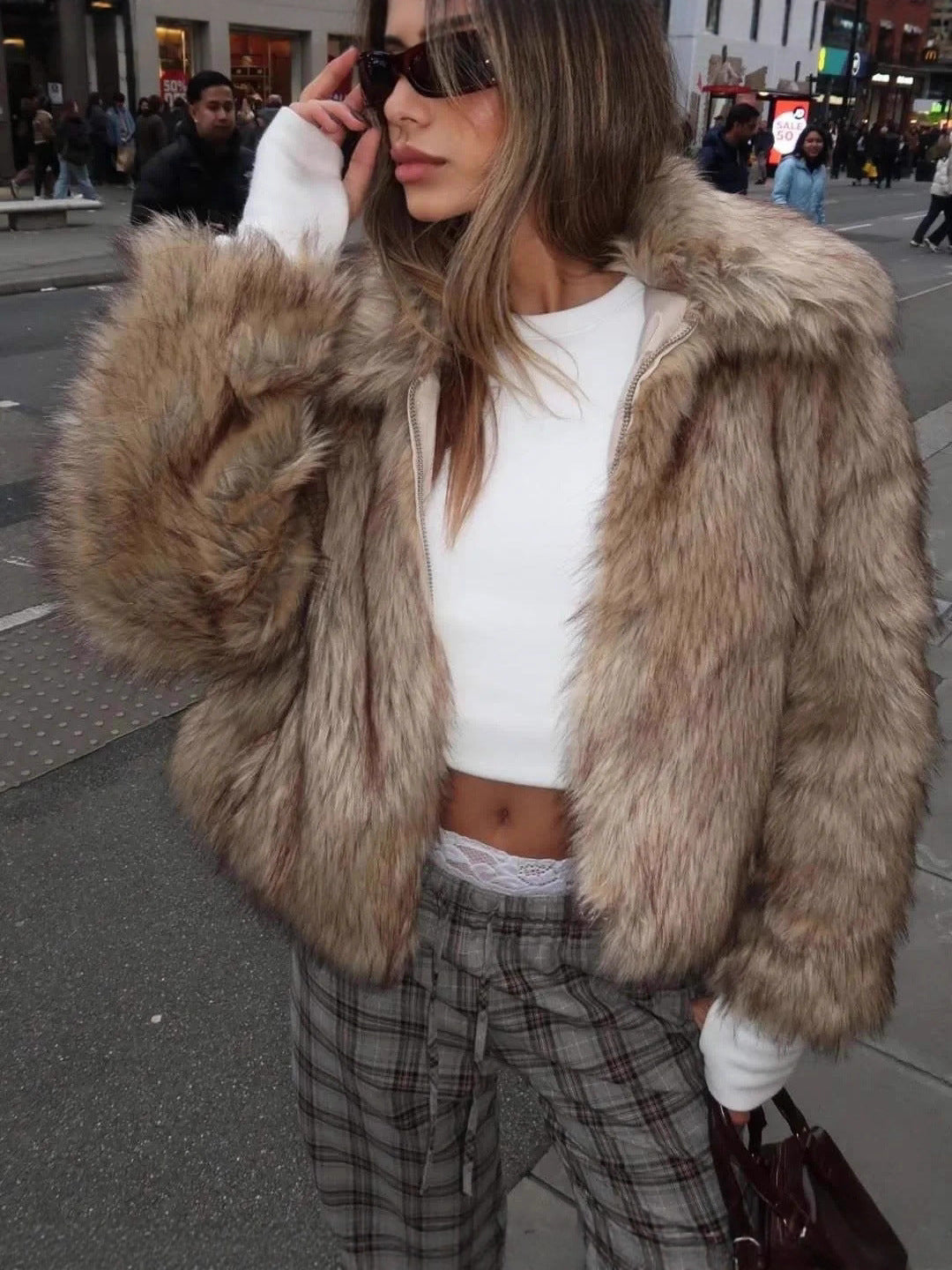 Flowering Girl Women warm imitation fur jacket in Light yellow