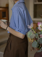 Flowering Girl Women blue jacquard striped loose flanged striped short-sleeve shirt