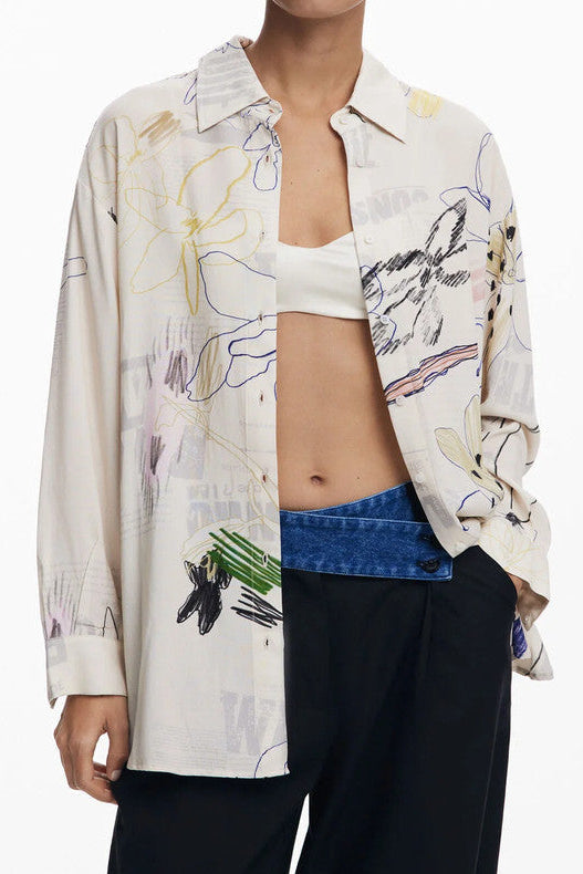 Cream Abstract Floral Sketch Print Long Sleeve Oversized Shirt