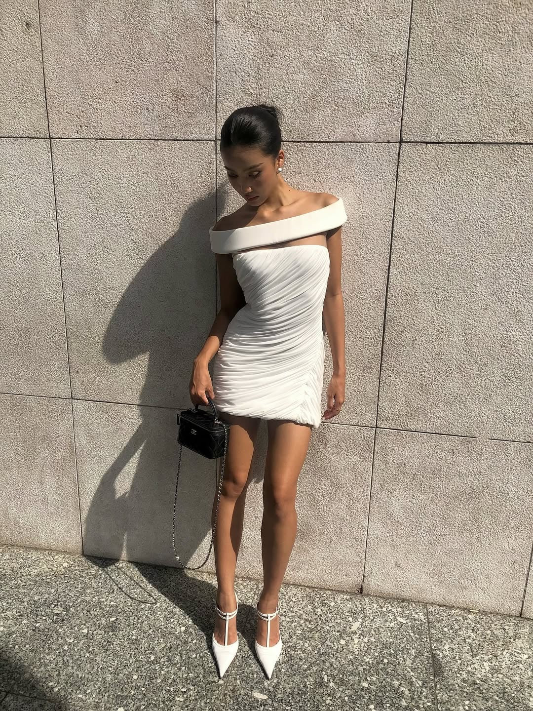 lola white Off-shoulder asymmetrical-draped mini dress