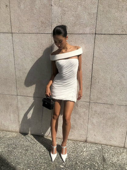 lola white Off-shoulder asymmetrical-draped mini dress
