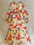 Abstract Color Block Lantern Sleeve Waist Tie Midi Dress