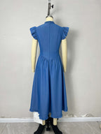 Flowering Girl Women Blue Denim Ruffle Cap Sleeve Button Front Flared Midi Dress