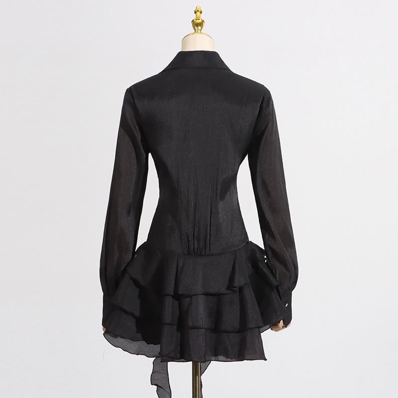 Flowering Girl Women flower ruffle ribbon mini dress in black
