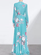 French niche floral dress slimming 2024 elegant female gentle temperament blue skirt waist long skirt ankle-length