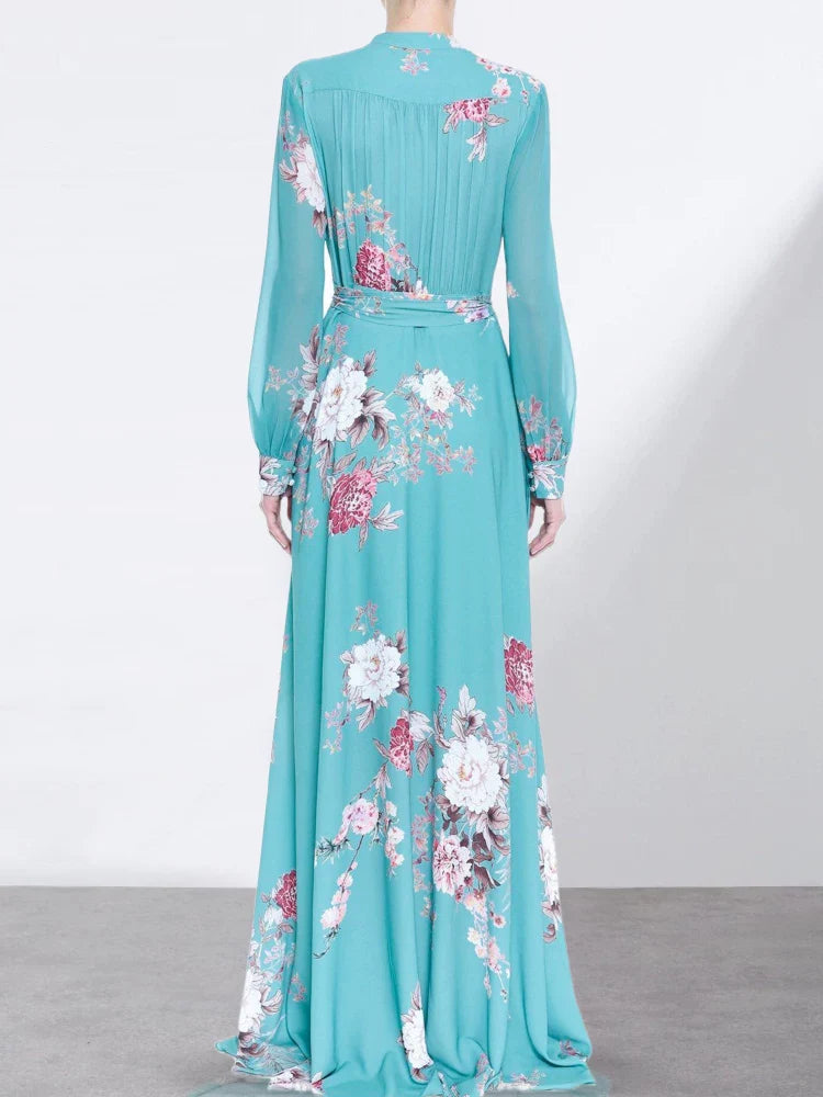 French niche floral dress slimming 2024 elegant female gentle temperament blue skirt waist long skirt ankle-length