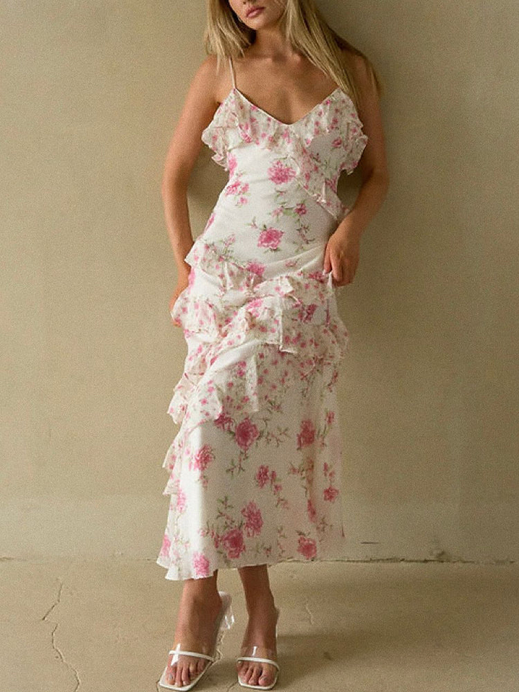 Flowering Girl Women Floral Ruffle Tiered Maxi Dress - Pink & Ivory