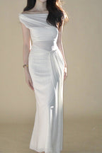 White Off-Shoulder Draped Maxi Dress